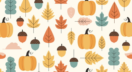 Seamless autumn pattern featuring pumpkins, acorns, and colorful fall leaves on a light background.