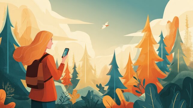 Woman Hiking in Forest, Checking Phone, Bird Flying, Vector Illustration, Nature Scene.