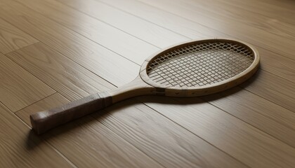 Classic wooden racket with leather grip rests on light parquet, evoking nostalgia for traditional tennis play.