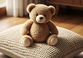 Fototapeta premium Soft brown teddy sits on textured beige cushion bathed in morning sun, evoking childhood comfort and warmth.