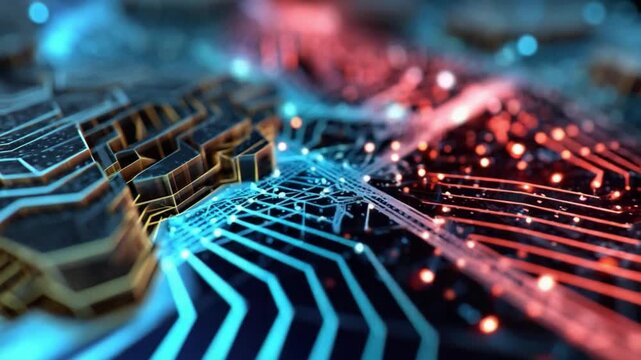 Digital Circuitry: A mesmerizing display of interconnected circuits pulsates with radiant energy, symbolizing the complex world of modern technology and data transfer. 
