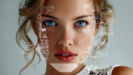 Future Tech Portrait: A woman's face is partially overlaid with futuristic digital interfaces, symbolizing the fusion of humanity and technology, with her bright eyes and subtle smile. - Powered by Adobe