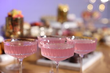Buffet menu. Delicious desserts and drinks on table, selective focus