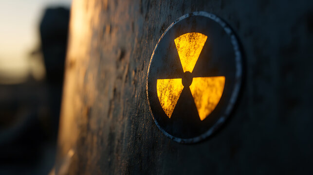 A close-up shows a radioactive symbol affixed to a weathered, industrial surface. The symbol glows with a vibrant yellow, against a backdrop of blurred industrial elements,.