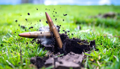 Bullets Impacting Ground Creating Dirt Explosion and Smoke in Natural Landscape