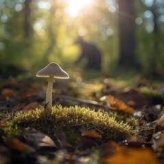 Champignons et cueilleur en arri&egrave;re plan.