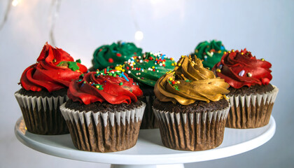 Colorful Cupcakes Decorated with Frosting in Red Green and Gold on White Cake Stand with Lights