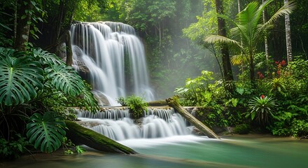 Lush tropical rainforest waterfall cascading into clear blue pool, vibrant green foliage surrounding natural wonder, sunlit jungle scenery