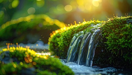 Lush green moss covered rocks with a small waterfall and golden sunlight filtering through forest canopy creating a serene natural landscape