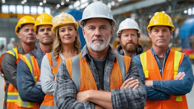 Construction Crew: A close-up shot of a determined construction crew, their faces etched with experience and expertise, standing shoulder to shoulder.