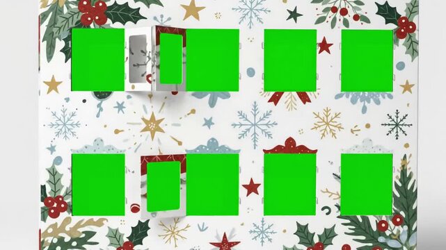 Holiday Animation with christmas advent calendar window reveals to green screen 24 illustrated windows animate open chroma distortion, overlay, glitch, static noise, scan lines on black background, 4k