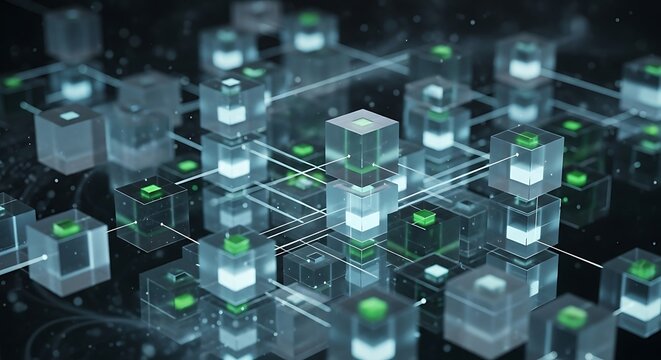 Digital Blockchain Network Concept with Interconnected Transparent Cubes, Decentralized Secure Data Exchange System