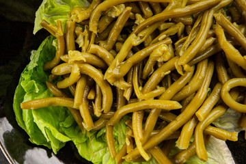 String beans snack green bean ready to eat vegetable natural product tasty snack fresh gourmet food background on the table rustic top view copy space keto and paleo diet vegan and vegan food