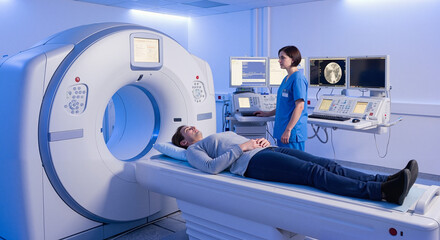 Patient undergoing a sinus CT scan in modern medical facility  