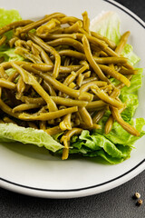 String beans snack green bean ready to eat vegetable natural product tasty snack fresh gourmet food background on the table rustic top view copy space keto and paleo diet vegan and vegan food