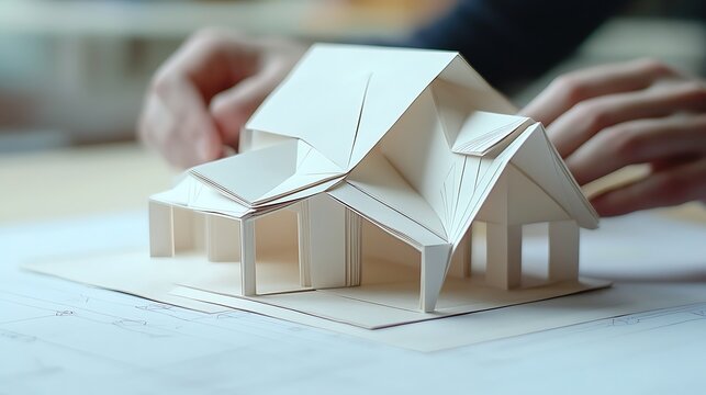 Hands with Paper House Model on Blueprint Plan, Architectural Design Concept Overview