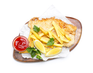 British Traditional Fish and chips with sauce, lemon and parsley isolated on white, top view