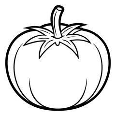 A simple black and white illustration of a ripe tomato with a stem and leaves fruit vegetable