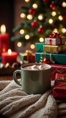 Cozy Christmas Fireplace Scene Hot Cocoa, Marshmallows, Gifts, and Tree Bokeh_2