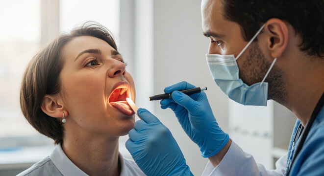 ENT doctor examining patient's throat using a tongue depressor and penlight  