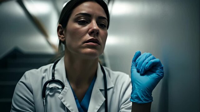 Depressed woman healthcare worker, a medical professional in uniform, looking exhausted in a hospital corridor, feeling burnt out, footage.