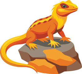Bright orange lizard with yellow accents perched on a textured grey rock