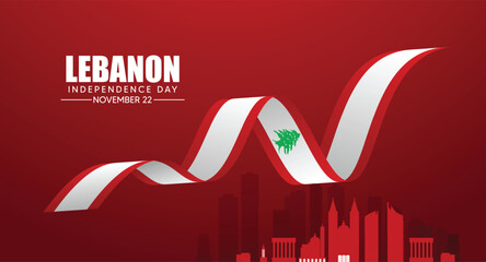 Lebanon Independence Day Celebration with National Flag Ribbon and City Skyline Illustration