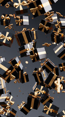 Black Friday ad with black and gold gifts and percentage symbols falling on a dark background in 3D illustration