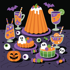 Unique Halloween vector set with abstract spooky textures, cute monsters, vintage costumes, lanterns, cobwebs, festive foods, drinks & magical elements