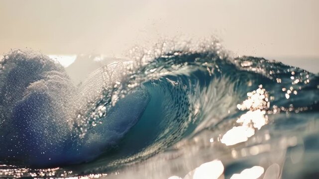 A photograph depicts an ocean wave cresting, with water droplets and sun glare