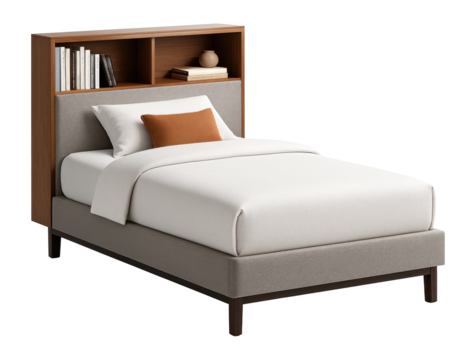 Single bed with a bookcase headboard for easy book storage in a student?s room.