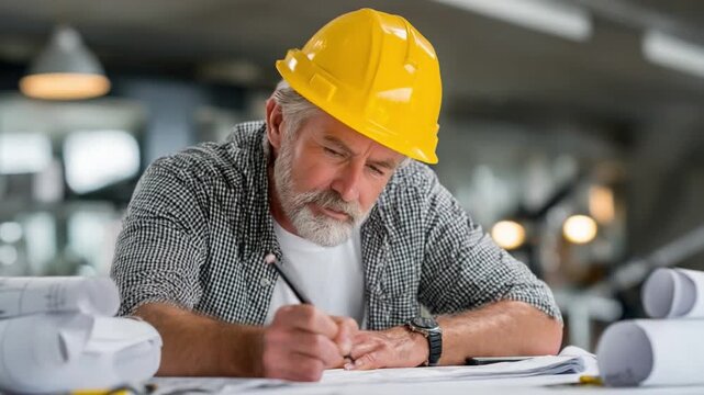 Architectural Precision: A focused architect meticulously examines architectural plans, his face etched with concentration, the tools of his trade spread around him.