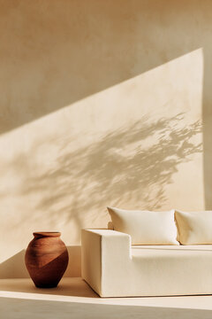 Minimalist living room with beige sofa, terracotta vase and warm sunlight creating natural shadows on wall
