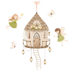 Fairy hanging house with flowers, balcony, lanterns and rope ladder. Watercolor set of fairies, butterflies and cute home for your childish design room, wallpapers, cards or mural. Hand-drawn print.