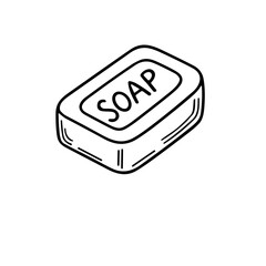 bar of soap with the word 'SOAP' on it, black and white vector illustration on transparent background  