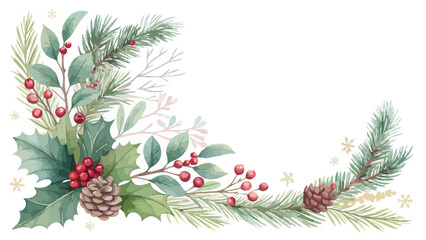Christmas corner arrangement with pine branches, holly, and berries