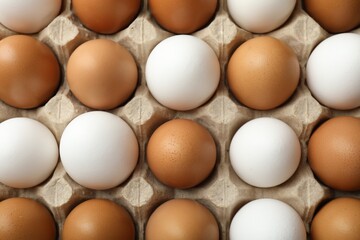 Many raw chicken eggs in carton, top view