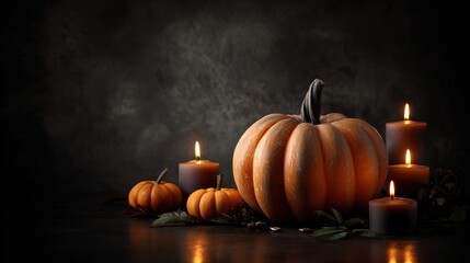 Pumpkin and candle display on dark background, panoramic