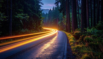 Fototapeta premium Light Streaks On Wet Forest Road At Dusk With Green Trees And Twinkling Lights