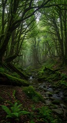 Fototapeta premium Lush green forest scene with trees over a stream natural environment