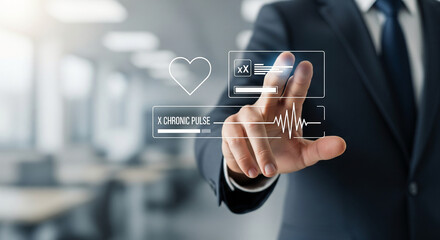 A professional manager using an advanced holographic interface to access and monitor personal biometric health data on a virtual screen