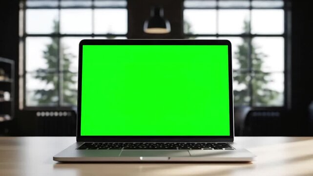 Green Screen laptop with blank static footage trees swaying or moving in the wind home interior loft office background 4k 24fps uhd loop video scene 1 distortion, overlay, glitch, noise, scan lines on