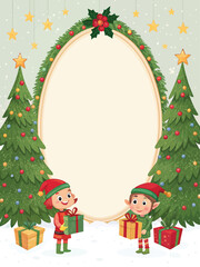 Christmas elves with gifts and festive frame presents