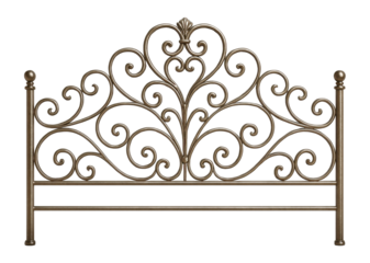 A decorative metal headboard with elegant scrollwork for a vintage bedroom.