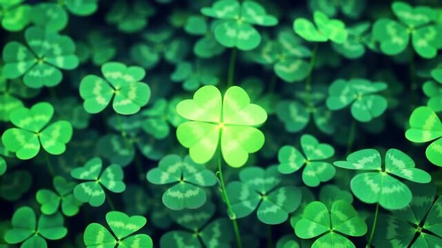 Close up of vibrant green four leaf clover among other clovers background