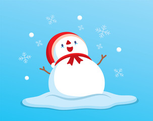 cute and fat snowman cartoon with red hat and scarf