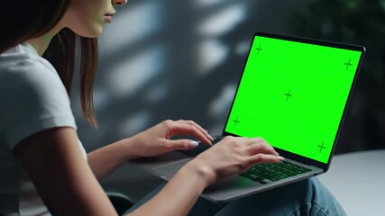 Green Screen over the shoulder shot of young woman working on modern laptop with mock up hands keyboard scene 1 distortion, overlay, glitch, static noise, scan lines black background, 4k animated - Powered by Adobe