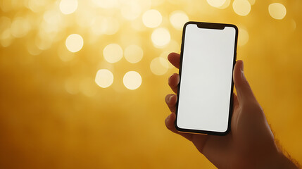 Hand holding a generic smartphone. Mockup screen template for advertising or graphic content. The background is gold with bokeh lights. Simple and elegant design for tech promos.