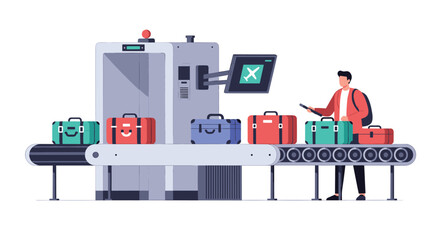 Passenger screening at airport security with baggage on a conveyor belt.