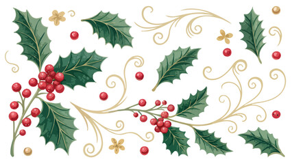 Christmas Holly Sprigs and Swirls Design Elements berries